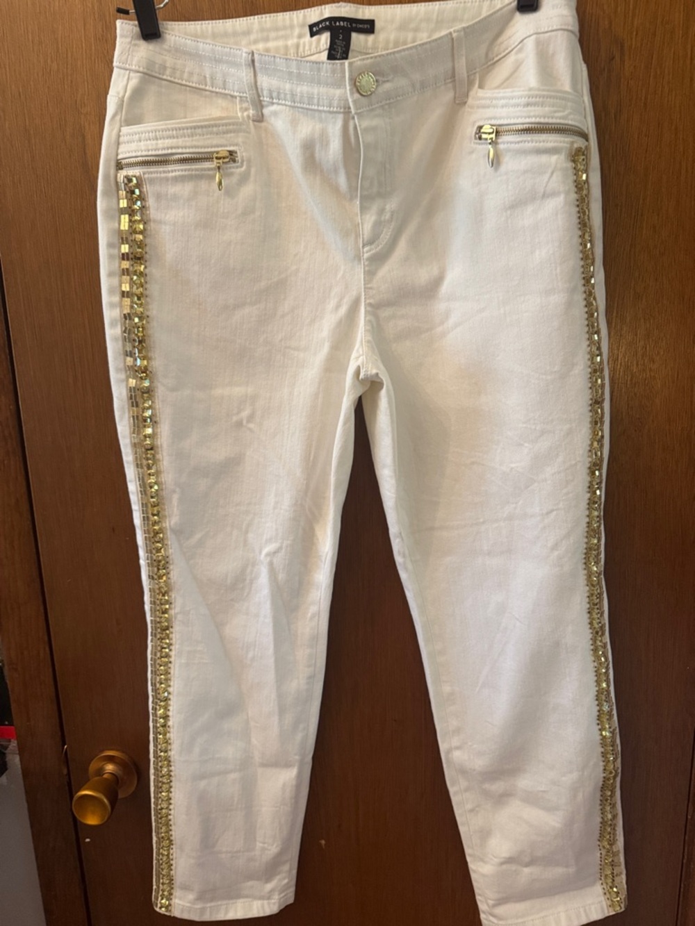 Chico's White Jeggings with Gold Sequin Side Stripes